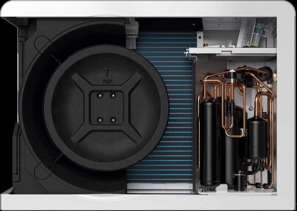 Sectional view of an air-to-water heat pump.