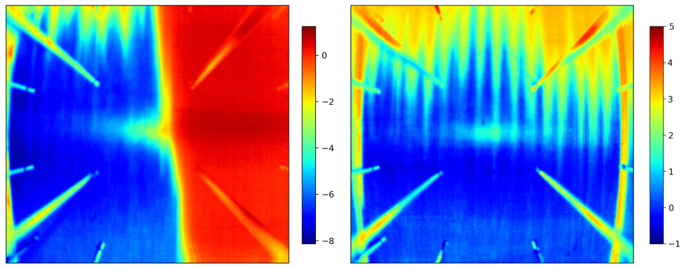 Infrared picture of a microchannel heat exchanger. Left: Strong maldistribution. Right: Uniform distribution (Schnabel et al. (2021): Microchannel-Heat Exchanger: Vermessung und Simulation bei Vereisung, DKV-Tagung Dresden 2021).