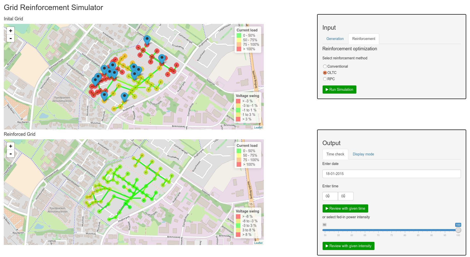 App zur Netzausbauoptimierung. In die App können Stromnetze und die angeschlossenen Erzeuger und Verbraucher geladen werden. Wird das Stromnetz dadurch überlastet, werden die kostenoptimalen Netzausbaumaßnahmen bestimmt. Rechts oben kann der Netzplaner auswählen, welche Technologien für die Netzausbauplanung verwendet werden dürfen. 