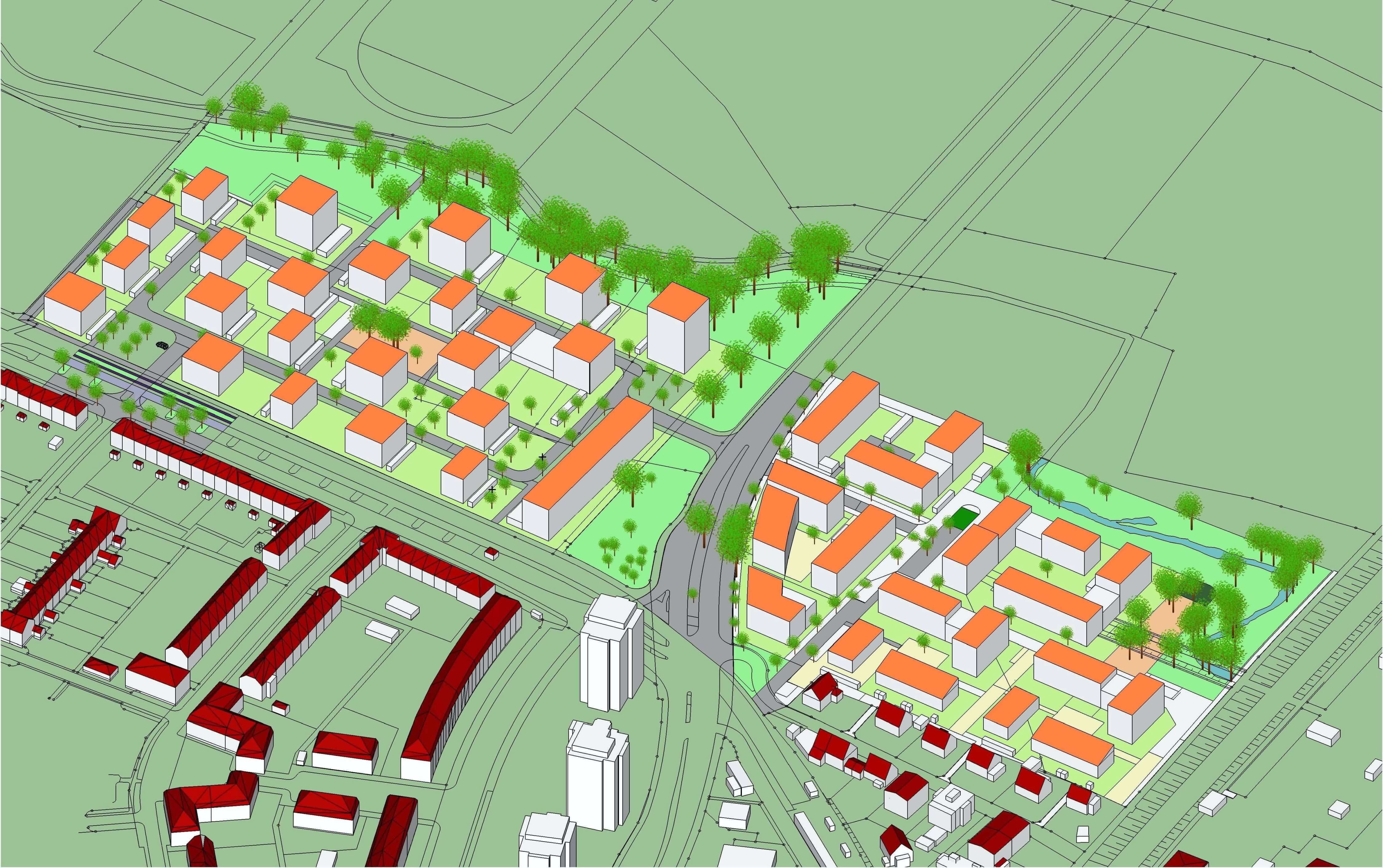 Isometrische Schrägansicht des Quartieres Freiburg-Gutleutmatten aus südlicher Richtung