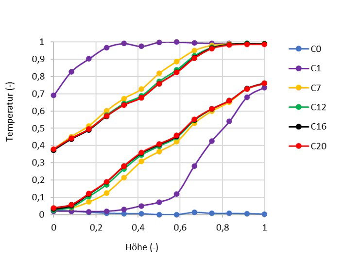 Temperaturprofile in einem Eintank-Speicher mit Füllkörpern und Wasser als Testfluid