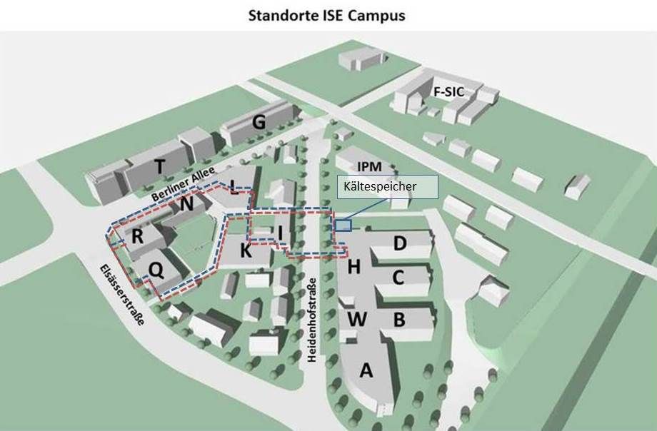 Möglicher Verlauf der Wärme- (rot) und Kälteleitungen (blau), sowie mögliche Standorte für die zu errichtenden Speicher auf dem Campus des Fraunhofer ISE.