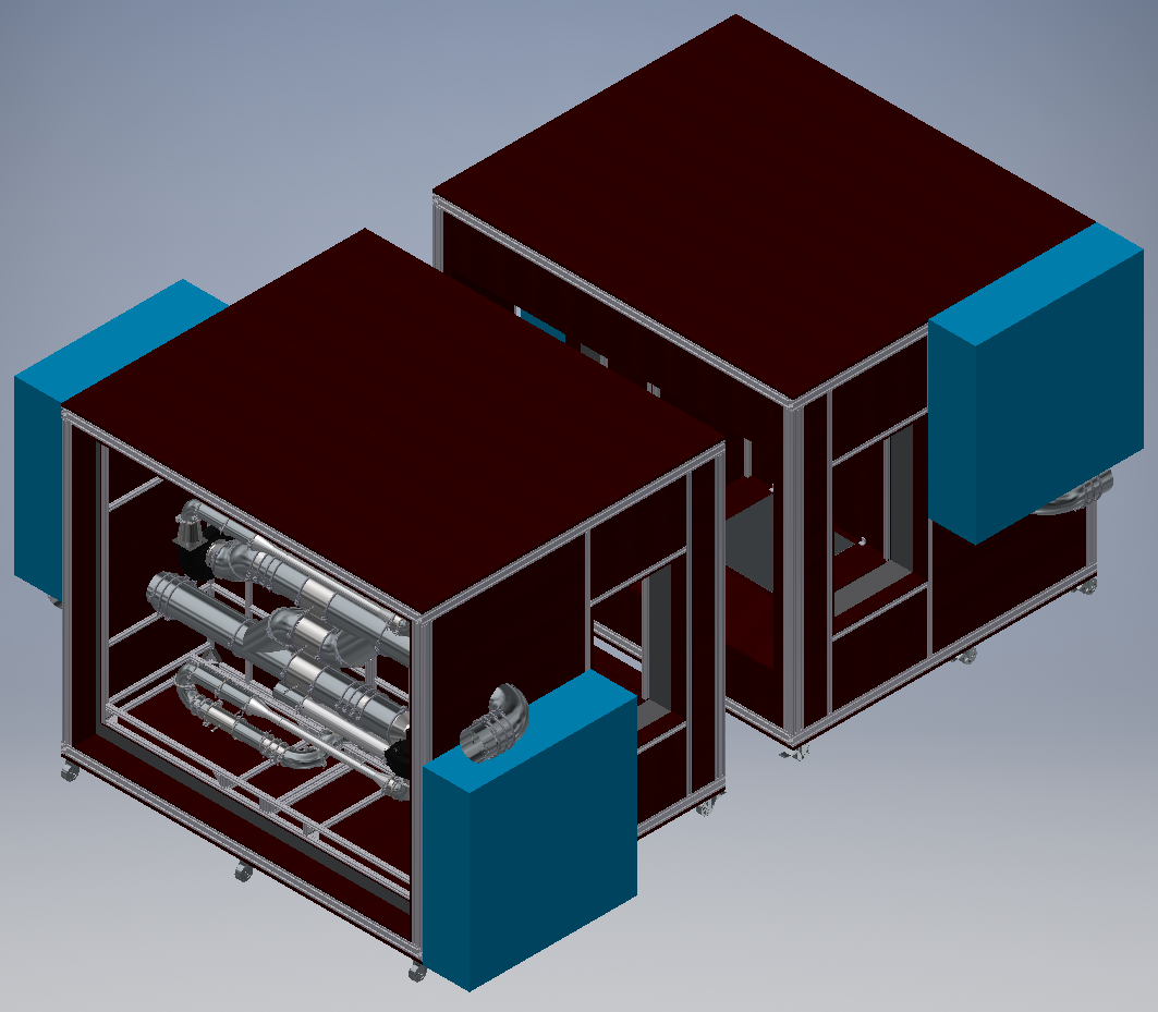3D Konstruktion und Planung des Spülluftteststands zur Bewertung der Energieeffizienz von dezentralen Wohnungslüftungsgeräten am Fraunhofer ISE.