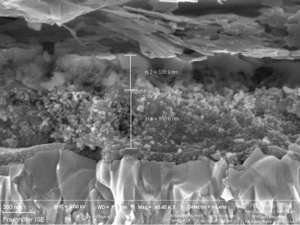 Rasterelektronenmikroskopische Aufnahme des Querschnitts einer Perowskit-Solarzelle auf Glas.