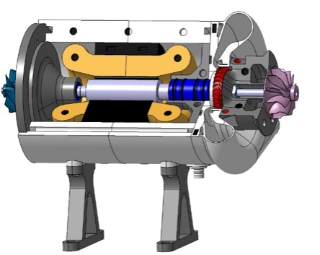 3D-Entwurf einer möglichen Lösung für die integrierte Mikrohybridturbine »MiHyT« mit Gasturbine und ORC-Turbine auf einer Welle.