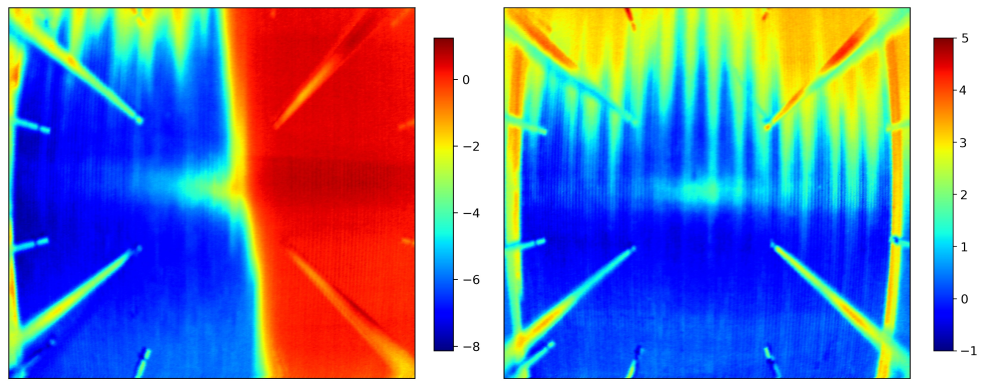 Infrarotaufnahme eines Mikrokanal-Verdampfers. Links: Starke Fehlverteilung, Rechts: Gleichmäßige Verteilung (Schnabel et al. (2021): Microchannel-Heat Exchanger: Vermessung und Simulation bei Vereisung, DKV-Tagung Dresden 2021).