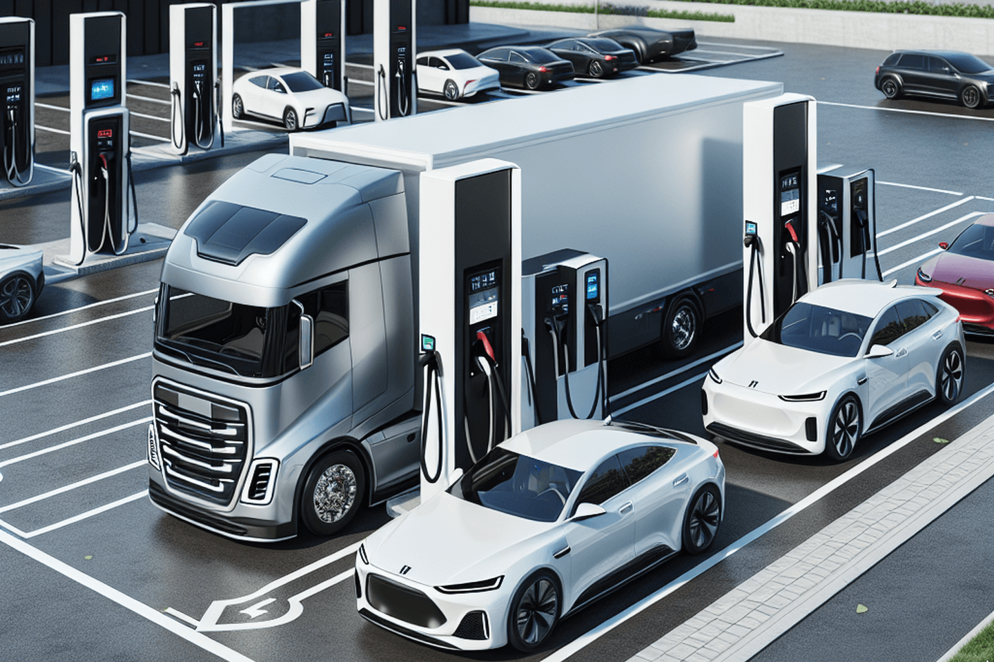 Schnellladepunkte innerhalb eines zukünftigen Hochleistungs-Ladeparks für Elektroautos und E-Lkw.