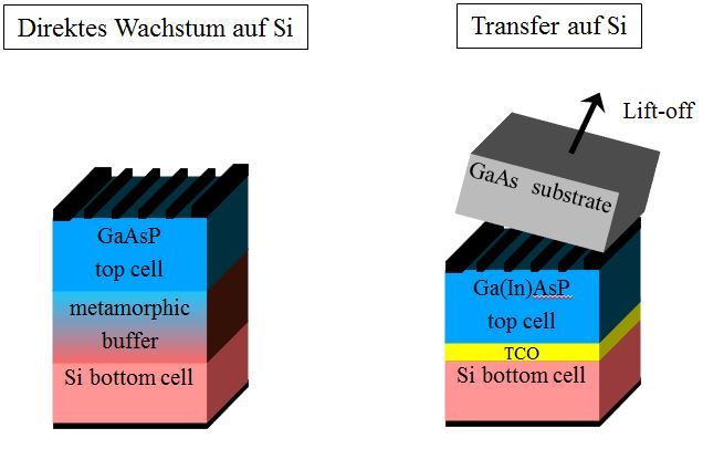 III-V/Si Tandemsolarzellen werden entweder direkt auf das Si aufgewachsen oder über eine transparente leitfähige Schicht (TCO) auf Si geklebt.