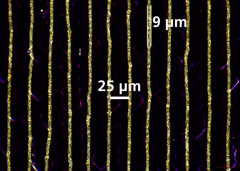 Aufsicht auf FlexTrail-gedruckte Leiterbahnen auf einer industriellen Solarzellen mit einer Strukturbreite von weniger als 10 µm. Die Leiterbahnen basieren auf nano-skaligen Silberpartikeln und sind insbesondere für Niedertemperaturanwendungen relevant.