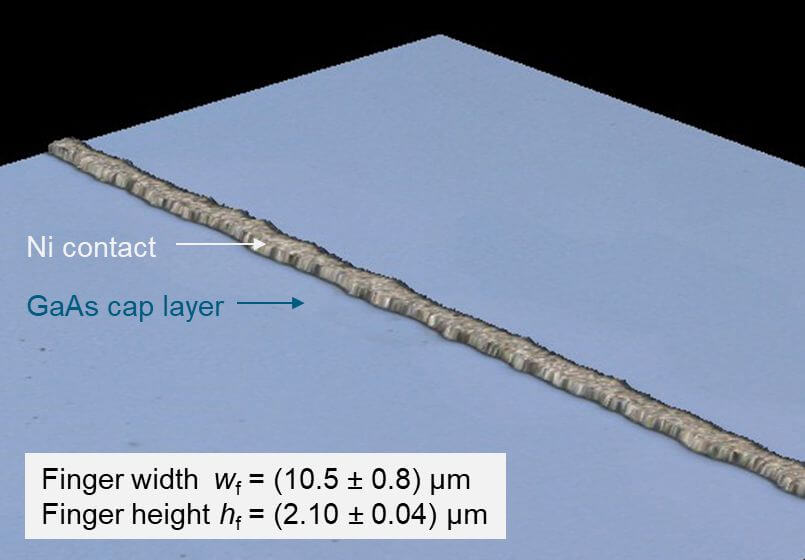 Mit Inkjet definierte Galvanikelektrode nach der Mask&Plate-Technologie zur Kontaktierung von hocheffizienten Solarzellen (Hier: III-V Solarzellen). 