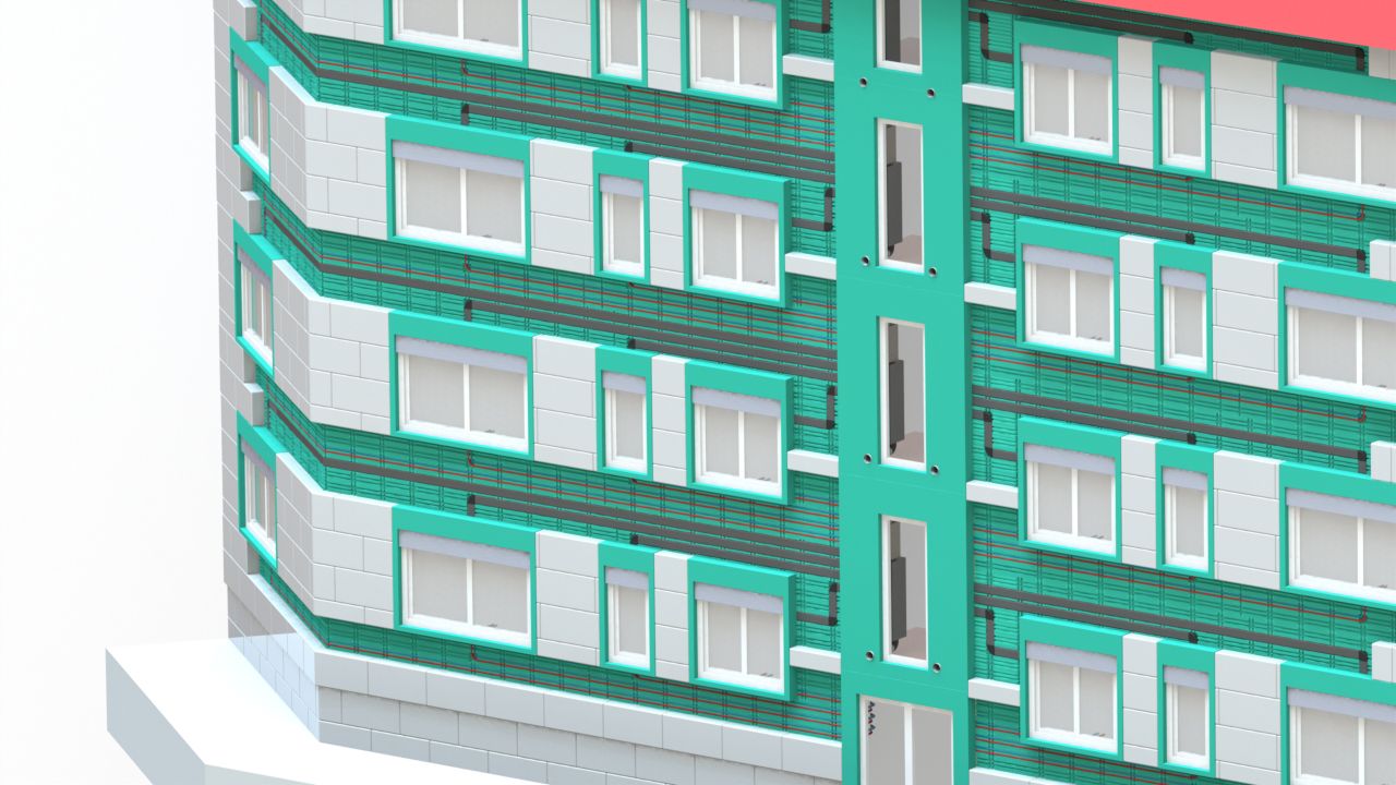 Visualisierung: Integration von Leitungen und Rohren in die Fassade eines Demonstrationsgebäudes Integration von Leitungen und Rohren in die Fassade eines Demonstrationsgebäudes in Frankfurt aus den 1950er Jahren.