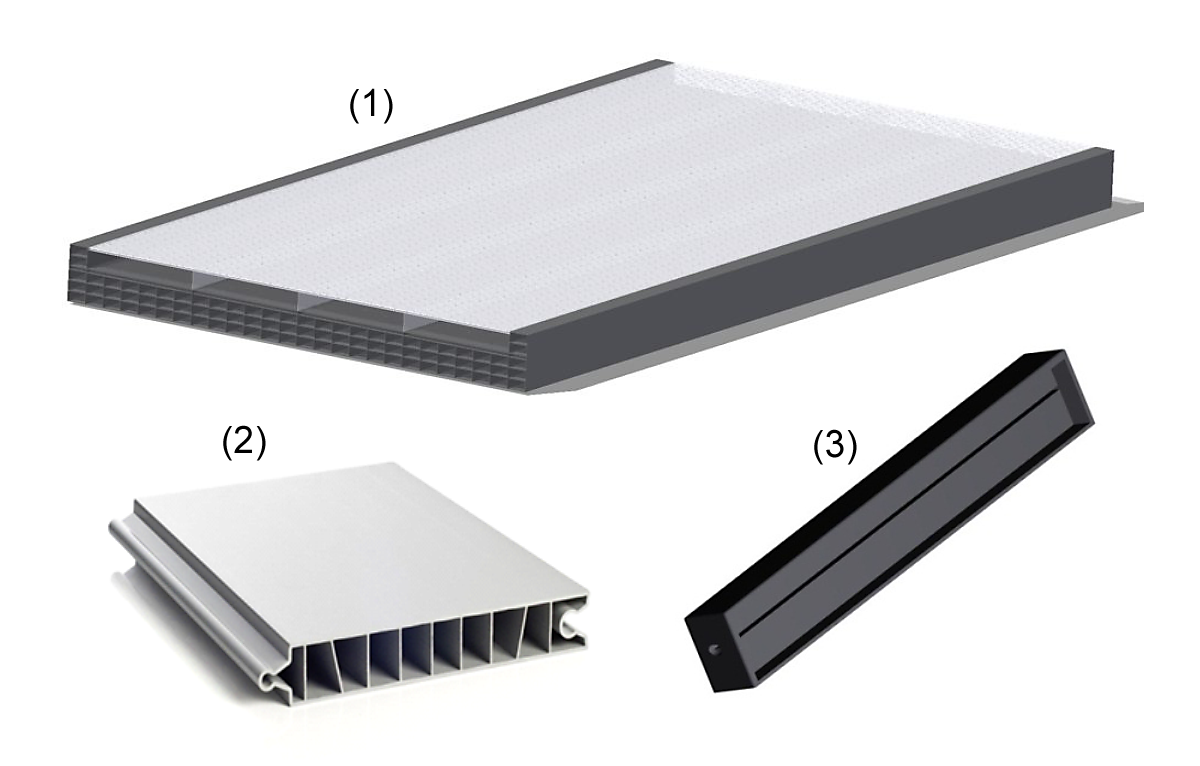 Polymerkollektor auf Extrusionsbasis (1), extrudiertes Absorberelement für flexible Kollektorbreiten (2), Endkappen für Polymerkollektoren (3). 