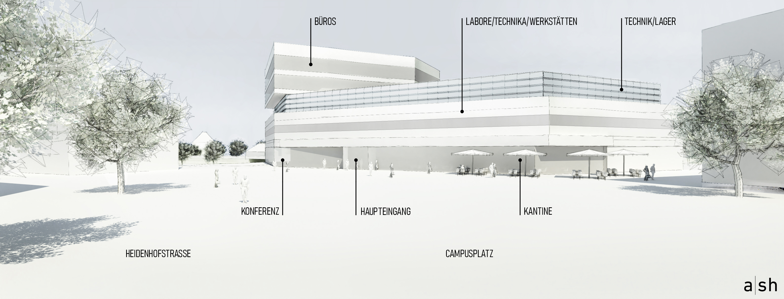 Entwurf des HYKOS-Gebäudes, Perspektive Heidenhofstraße.