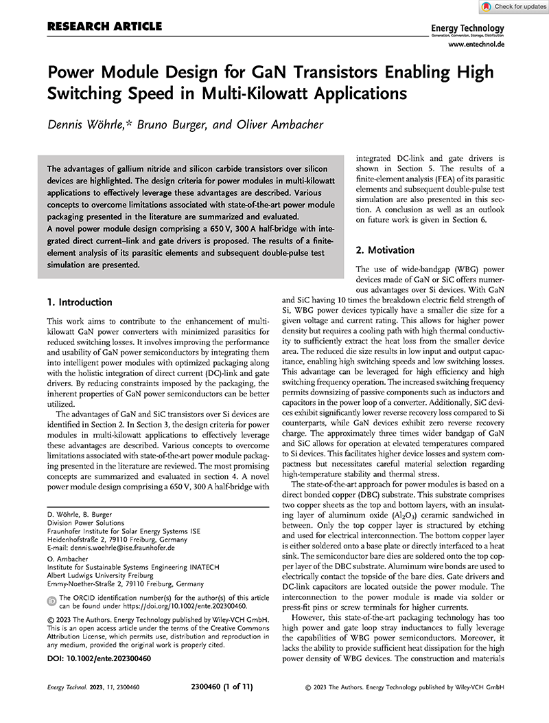 Power Module Design for GaN Transistors Enabling High Switching Speed in Multi-Kilowatt Applications