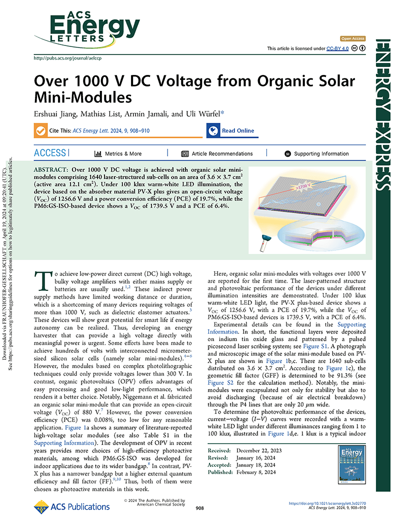 Over 1000 V DC Voltage from Organic Solar Mini-Modules