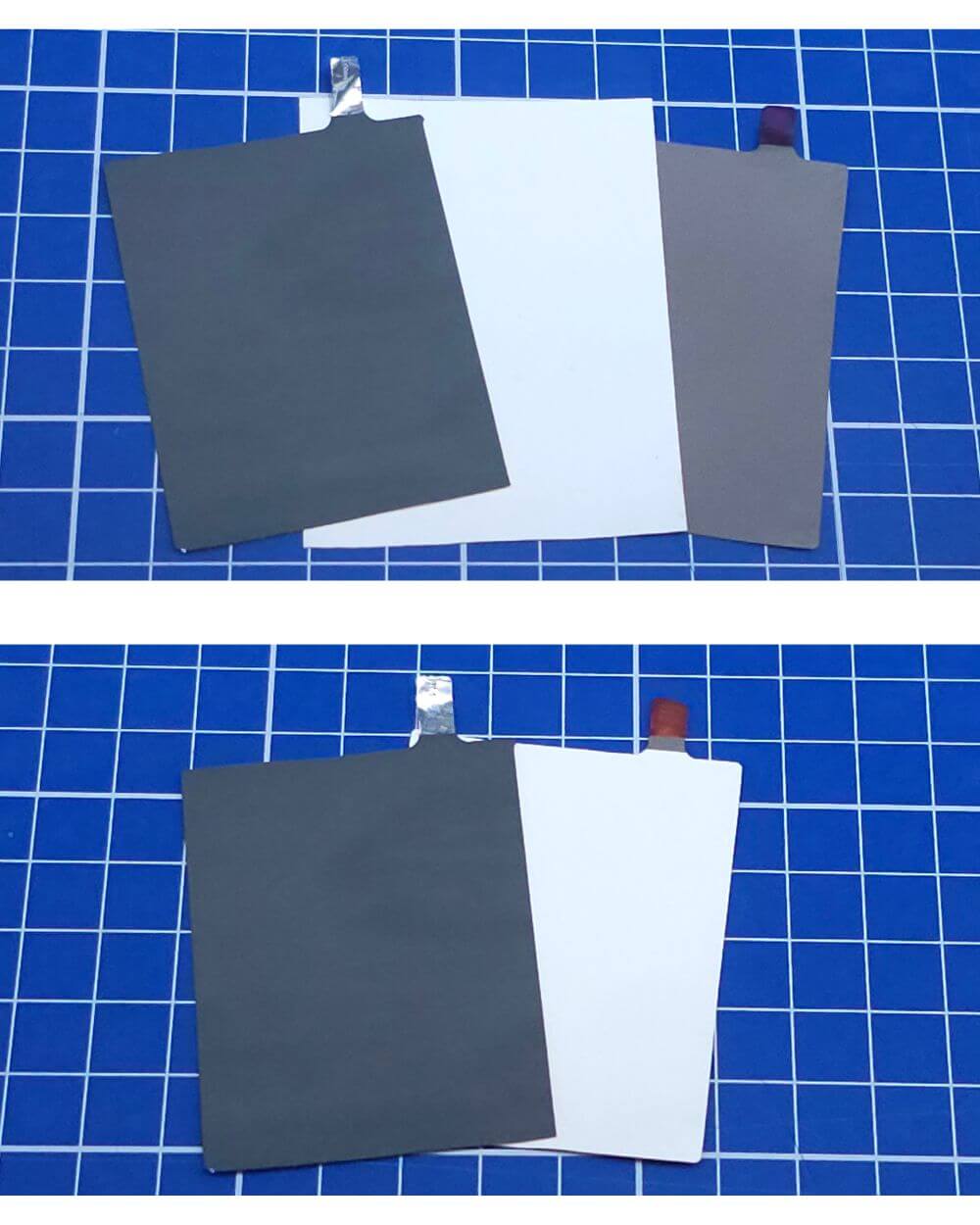 Am Fraunhofer ISE entwickelte Elektroden und Separatoren für die Fertigung von Festkörperbatterien klassisch mit drei Komponenten (oben) oder speziell mit zwei Komponenten (unten), bei dem der Separator auf der Anode aufgebracht wurde.
