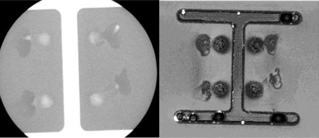 X-ray image of a welded top cap (left). The analysis reveals the undesirable nickel accumulation next to the bosses. SAM image of a welded top cap (right). Analysis of the resulting contact surfaces after welding.