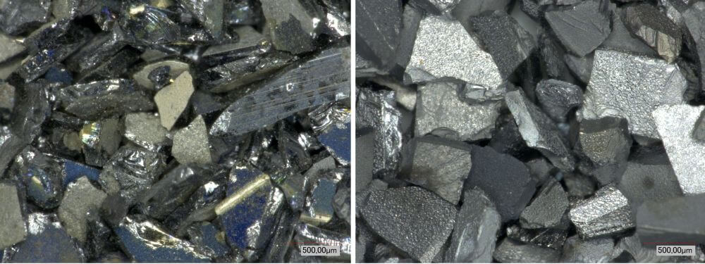Links: Aus PV-Modulen abgetrennter Solarzellbruch (Mikroskop); rechts: Nasschemisch aufbereitetes Silicium aus Solarzellbruch (Mikroskop).
