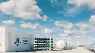 Modern hydrogen energy storage system accompaind by large solar power plant and wind turbine park.