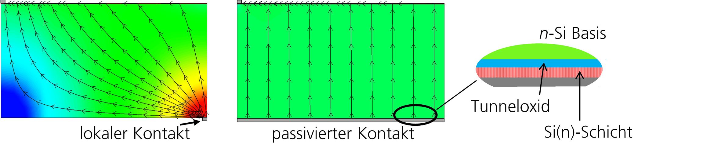 Abbildung: Simulierte Stromdichteverteilung und Stromflusslinien für eine Solarzelle mit lokalen Rückseitenkontakten (links) und mit einem ganzflächigen, passivierten TOPCon Rückseitenkontakt (rechts).