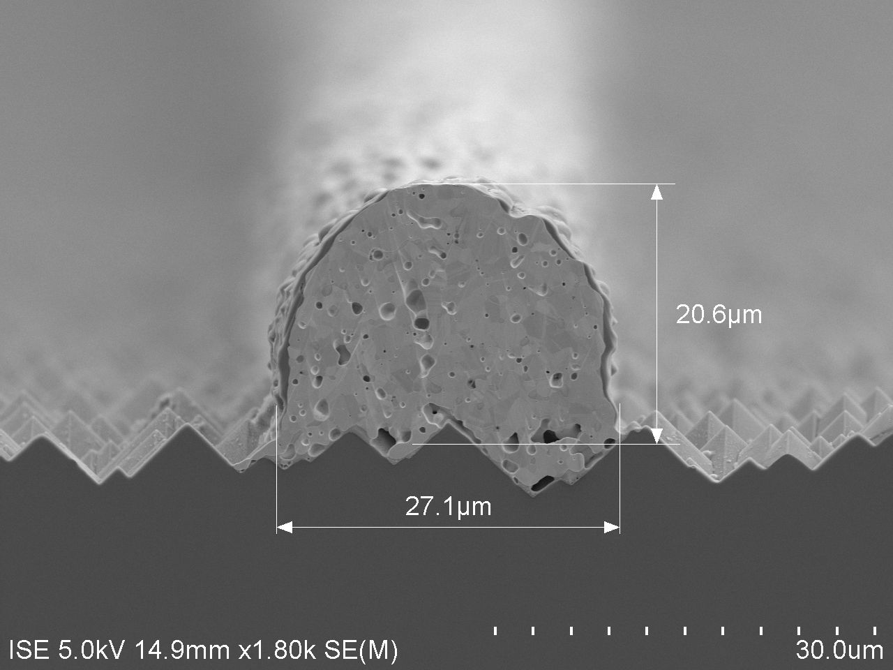 SEM image of a contact finger dispensed onto a crystalline silicon solar cell. 