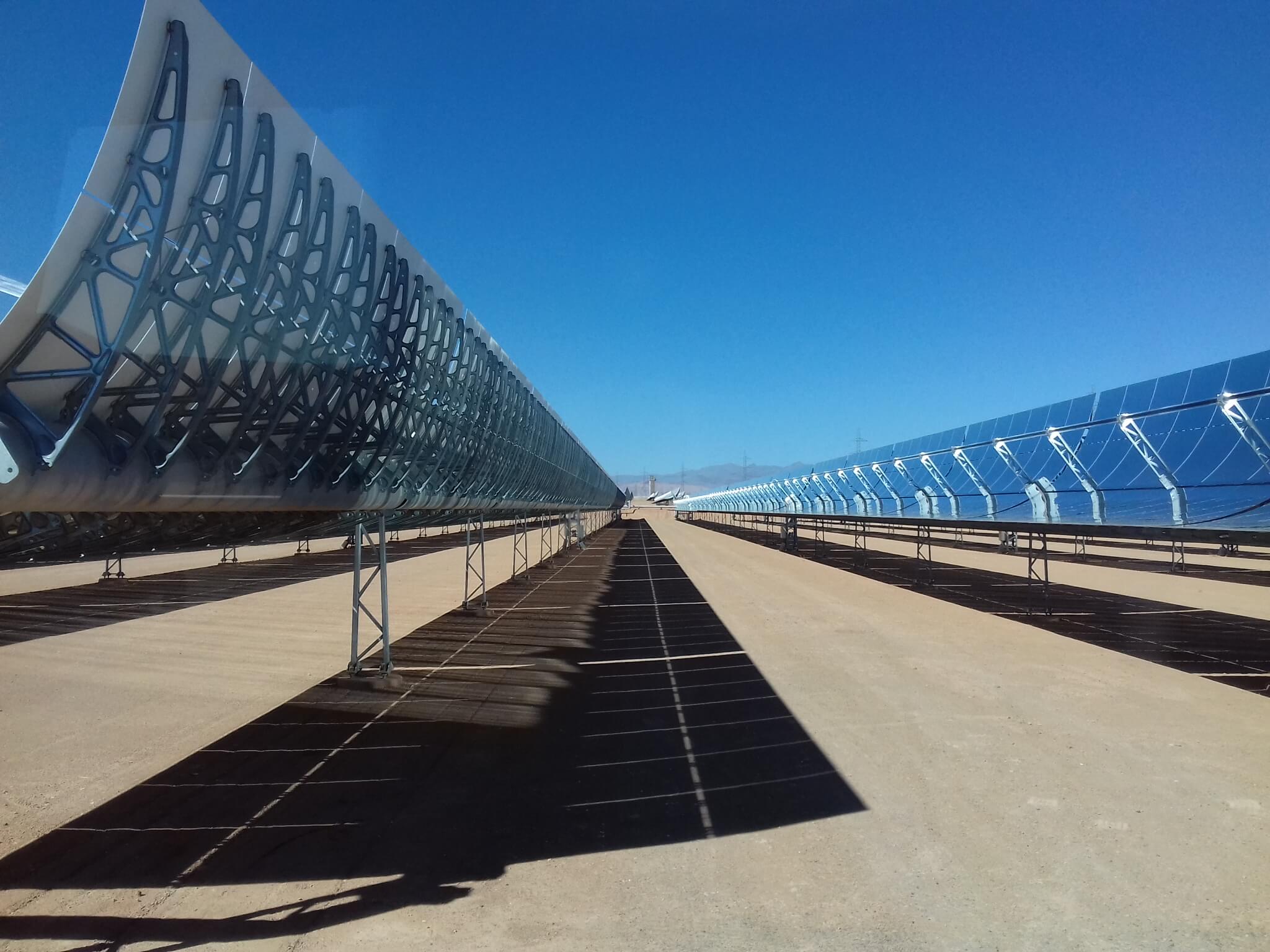 Section of a parabolic trough power plant near the town of Ouazazate in Morocco