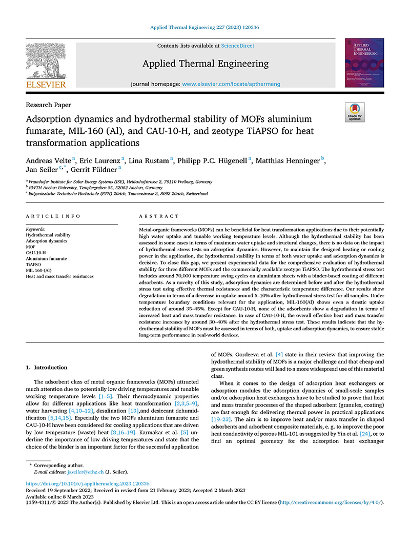 Adsorption dynamics and hydrothermal stability of MOFs aluminium fumarate, MIL-160 (Al), and CAU-10-H, and zeotype TiAPSO for heat transformation applications