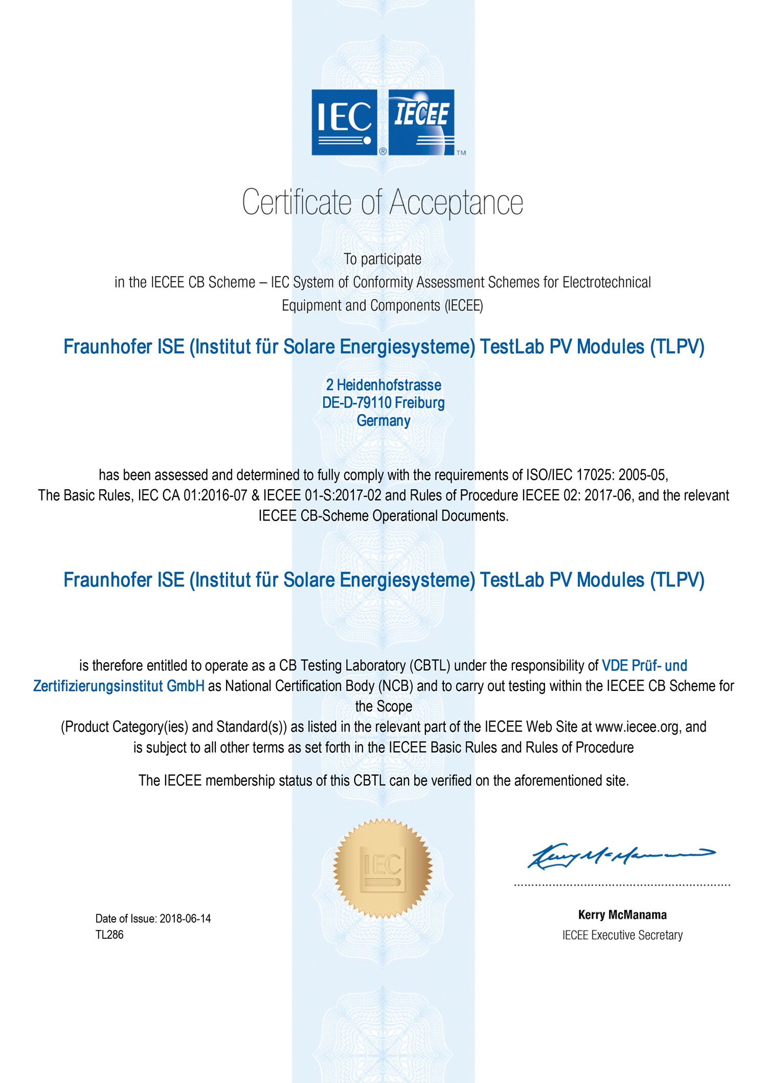 Certificate of Acceptance to participate in the IECEE CB-Scheme