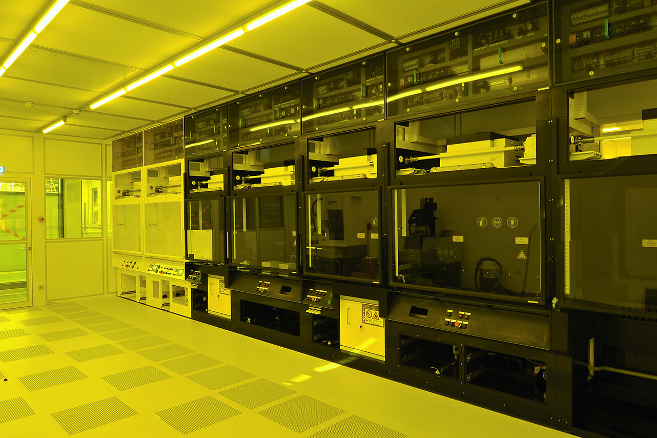 Wet chemistry bench in the yellow light room