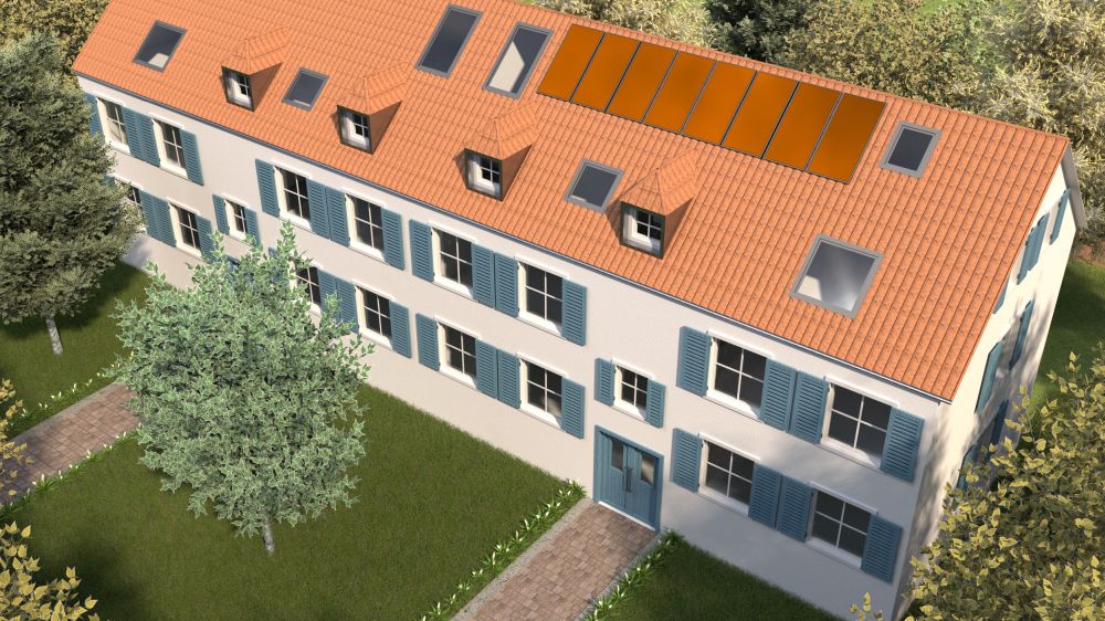Visualization of the roof-integrated colored collectors on the pilot building in Freiburg.