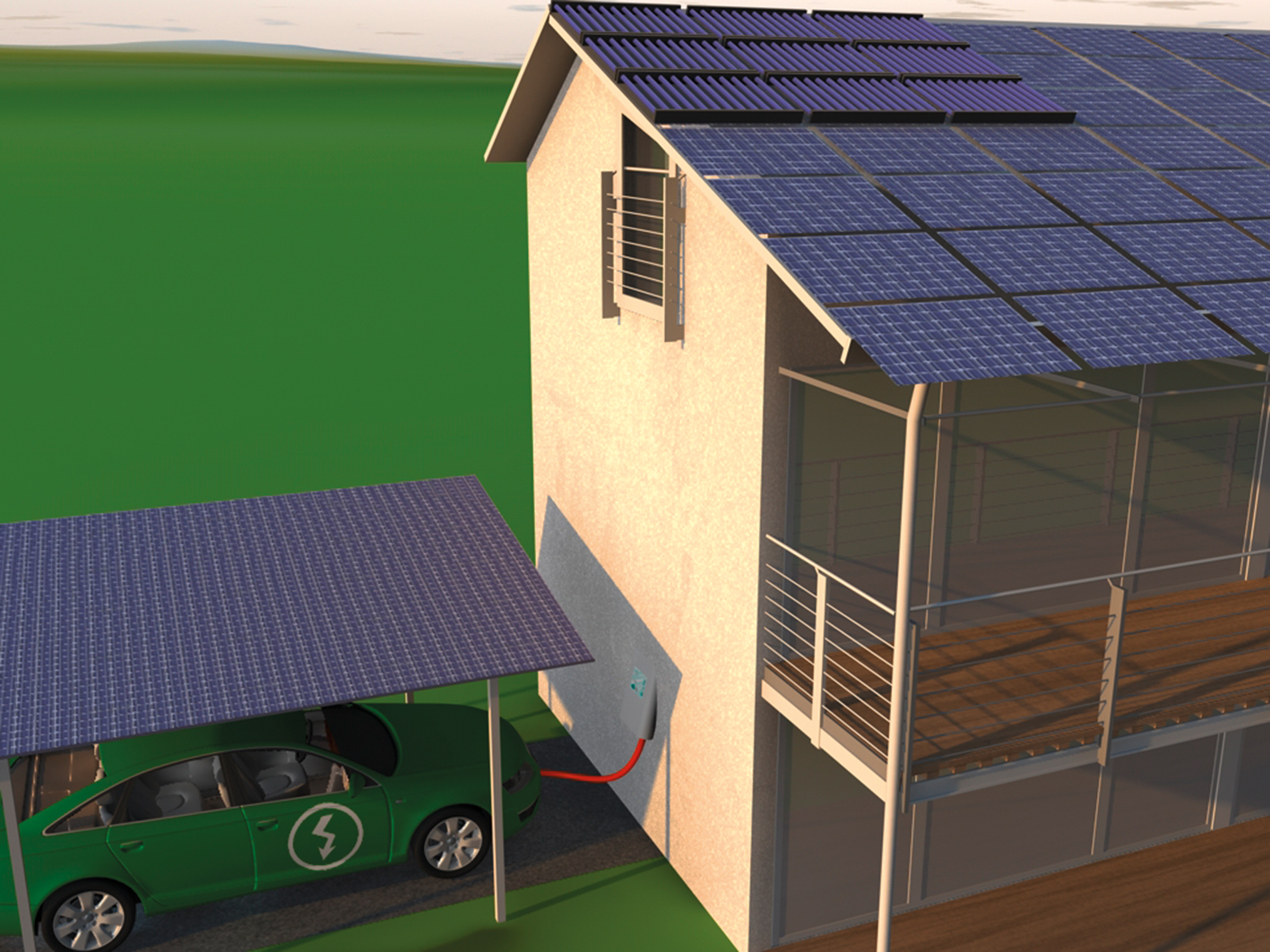 Charging the electric vehicle with PV electricity generated on site.