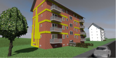 Virtual building with installation plan for façade-integrated ventilation ducts, which support horizontal fire barriers in combination with appropriate insulation material.