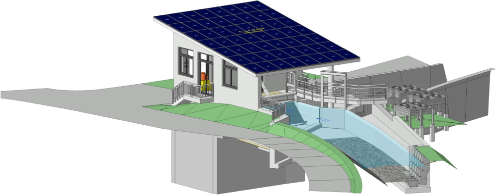 Schematic representation of a hybrid use of existing buildings as part of a power plant refurbishment with additional energy use through heat exchangers in the power plant outlet and solar roof as an additional energy source to drive the heat pumps.