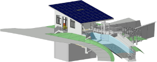 Schematic representation of a hybrid use of existing buildings as part of a power plant refurbishment with additional energy use through heat exchangers in the power plant outlet and solar roof as an additional energy source to drive the heat pumps.