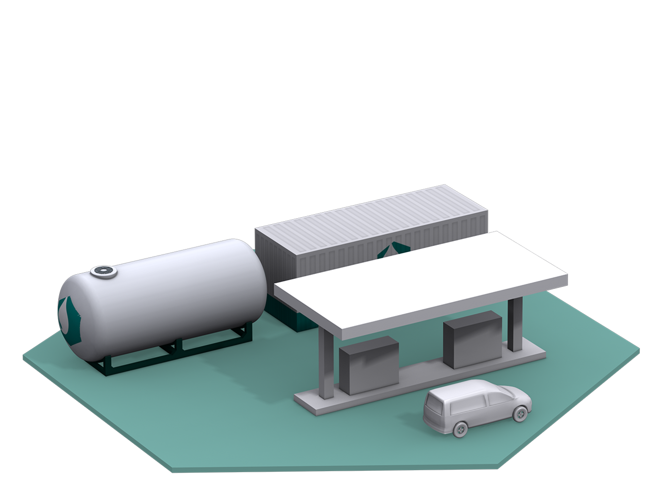 Dehydrogenation unit for release of hydrogen from LOHC at a 700 bar hydrogen filling station.