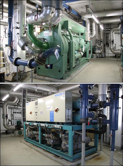 Top: Absorption chiller, which can convert unneeded heat from the CHP unit into cold. Bottom: compression chiller.