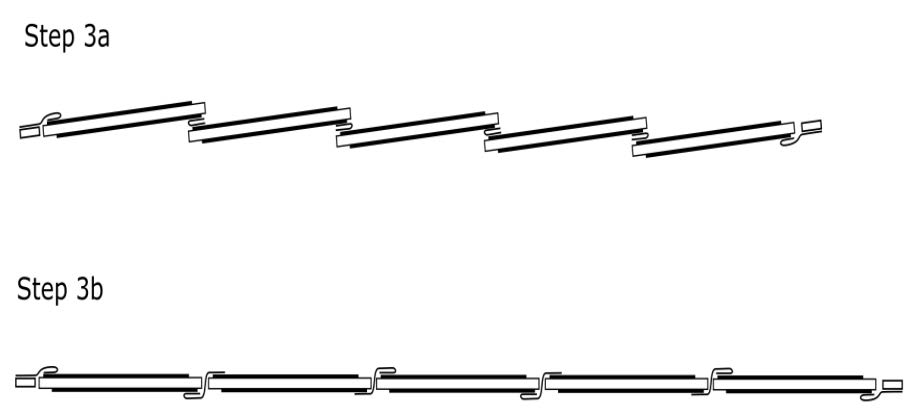 Scheme of cell storage as a string: a) shingle construction with cell overlap; b) conventional cell storage side by side.