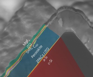 REM image of a perovskite-silicon tandem solar cell on textured silicon. The perovskite absorber was prepared by the vacuum-based evaporation of the inorganic components followed by wet chemical infiltration of the organic components.