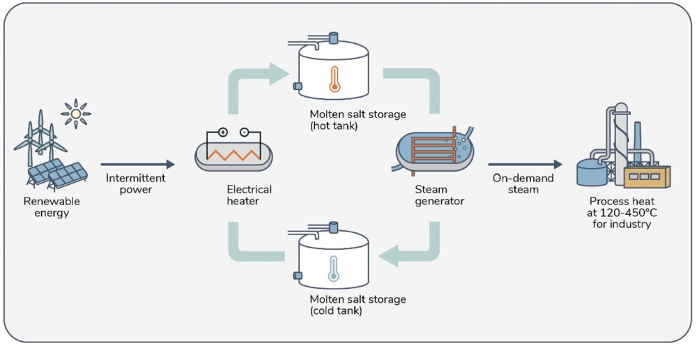 Considered system of medium-voltage power-to-heat, two-tank molten salt storage, and additively manufactured steam generator for heat supply to industry.