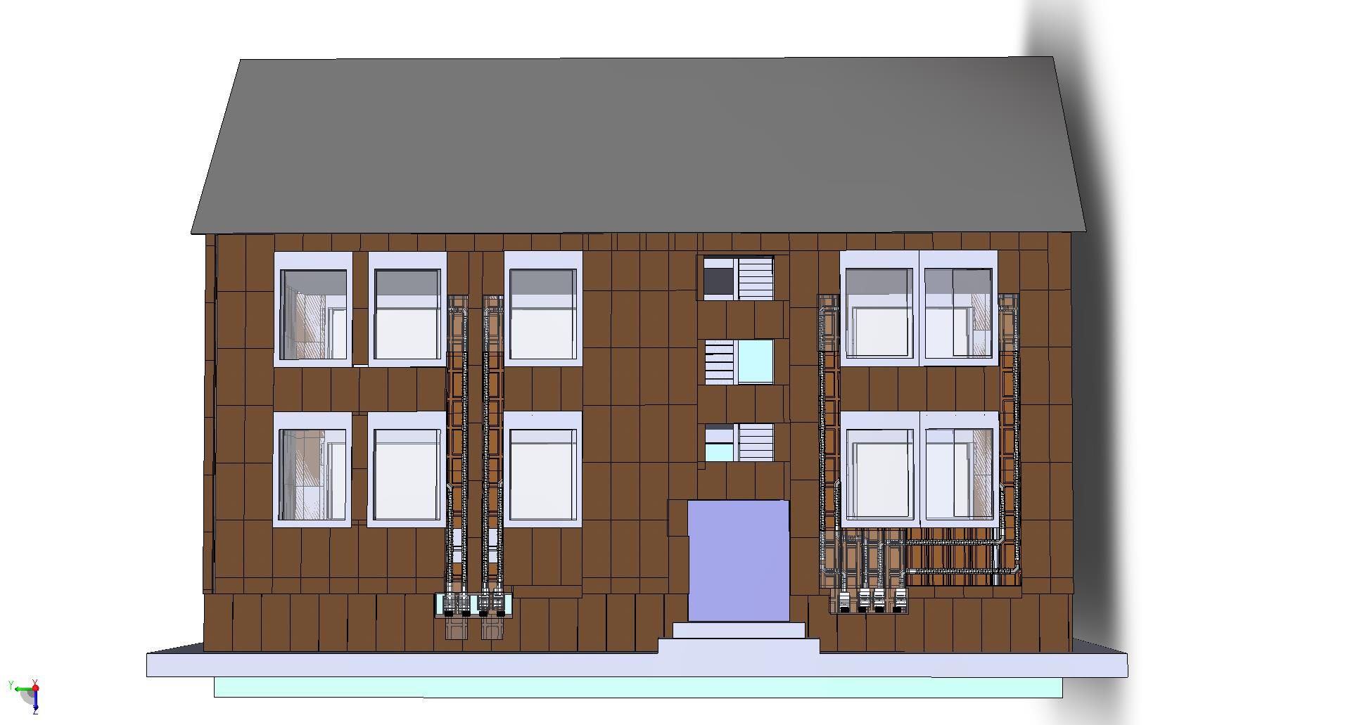 Concept for the integration of room by room mechanical ventilation with heat recovery in the façade insulation layer. The aim is to minimise the costs of refurbishment and disturbance of occupants during the refurbishment process.