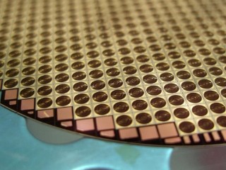 Close up of a processed wafer with concentrator solar cells
