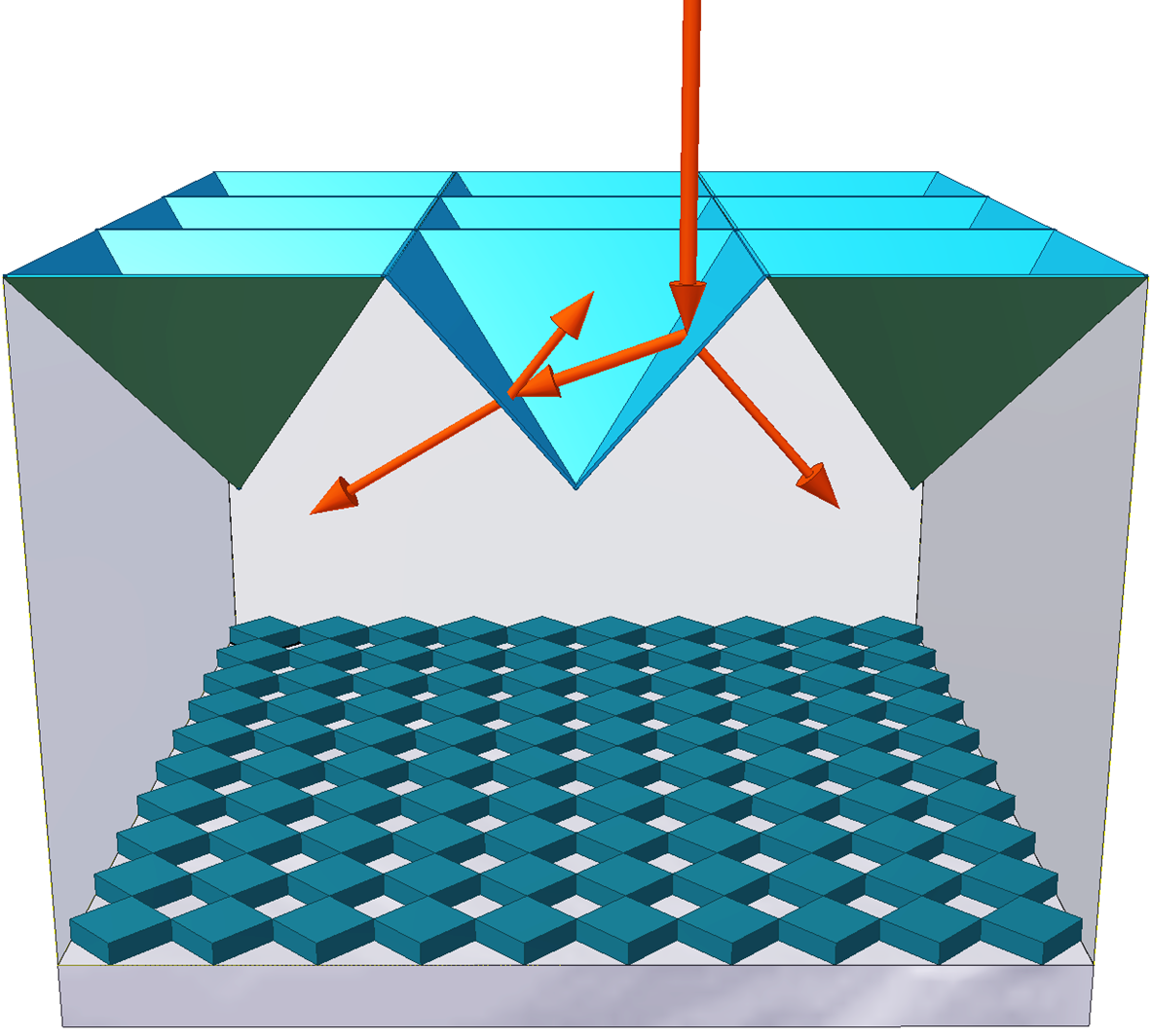 Sketch of a textured silicon solar cell with inverted pyramids on the front side and diffraction grating on the rear side.