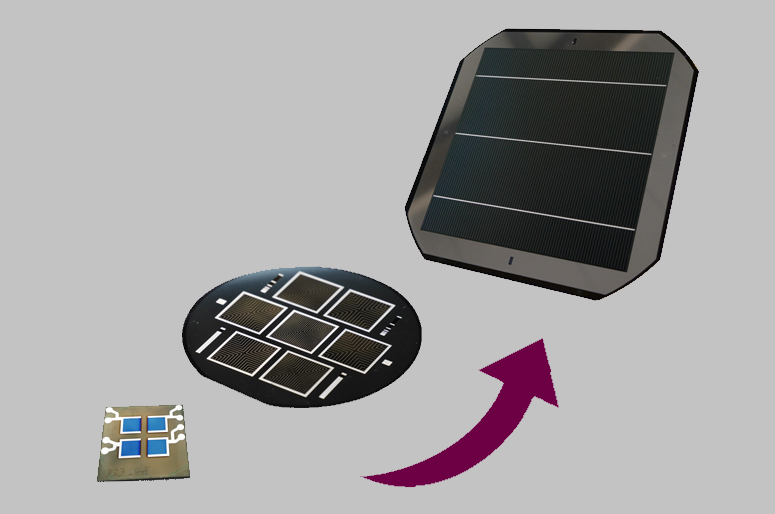 Upscaling of cell area for laboratory size perovskite silicon tandem solar cells.