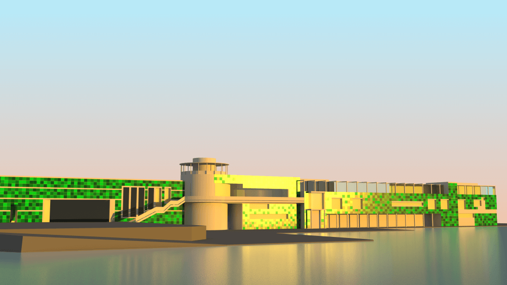 Rendering einer mit farbiger (grüner) Photovoltaik ausgestatteten Fassade, welche das Sonnenlicht teilweise in Richtung des Beobachters reflektiert.
