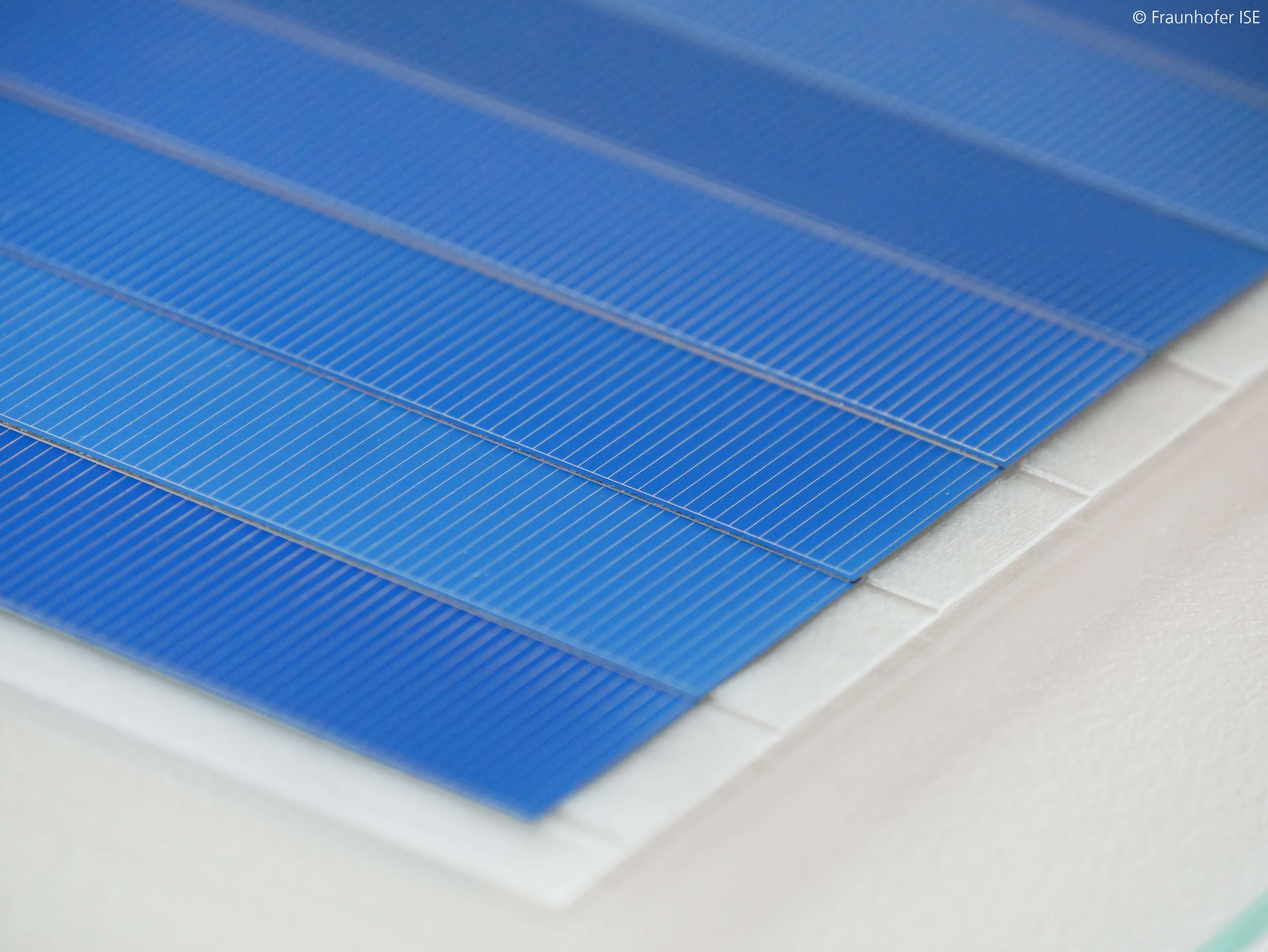 Interconnected shingle solar cells on a structured encapsulation foil optimized for the "SlimLine" process.