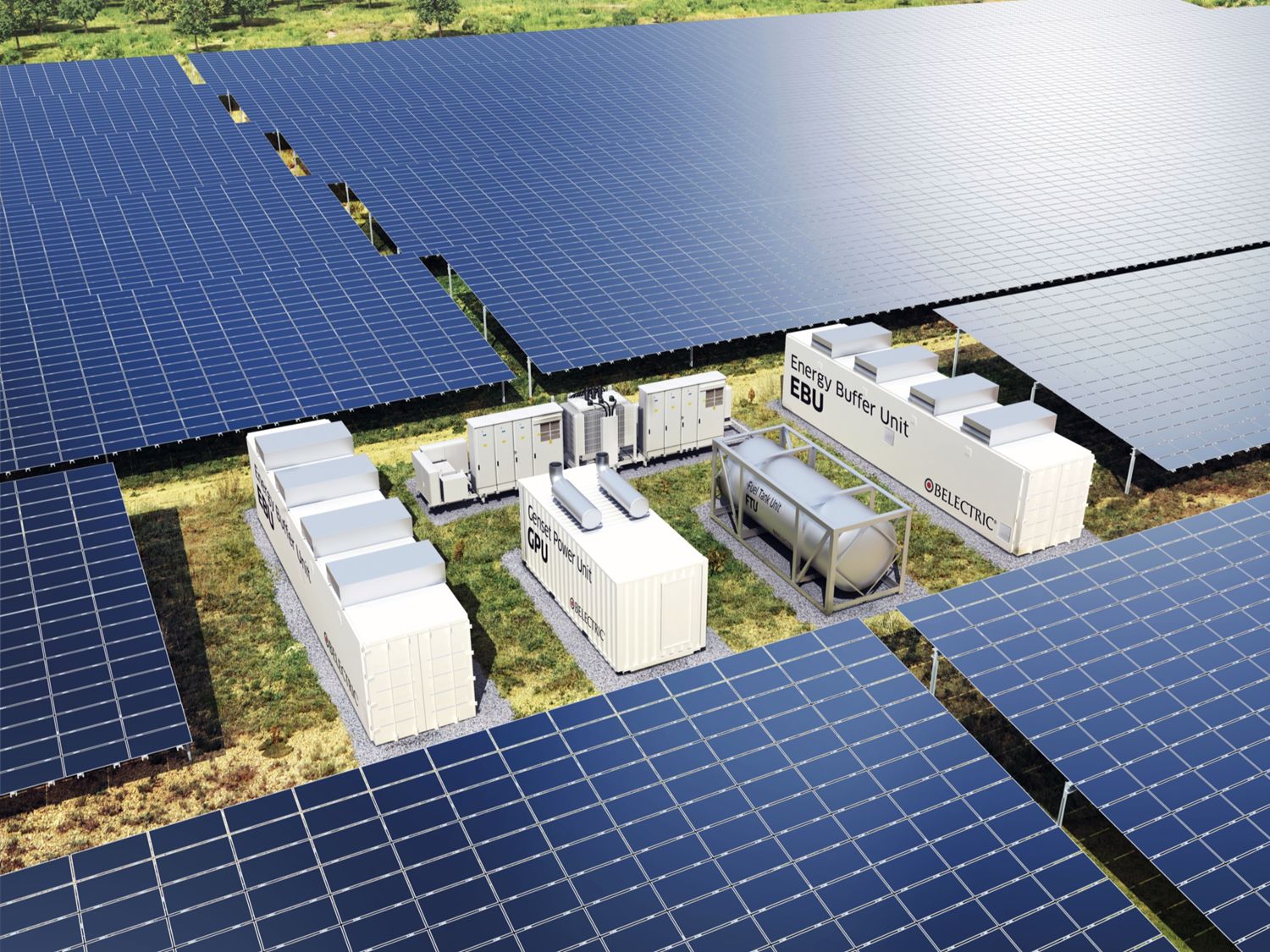 Hybrid power plant consisting of PV system, storage unit (EBU), and diesel generator (GPU). 