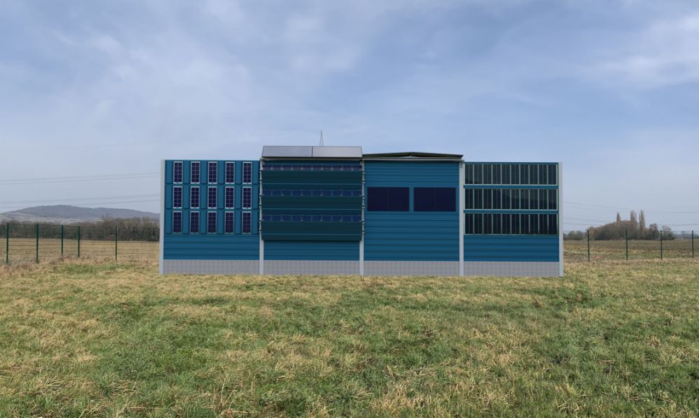 Rendering demonstrator setup of 5 PV noise barrier solutions on the Merdingen solar test field.