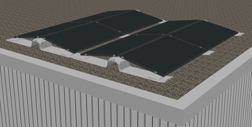 Flat roof construction with PV modules and substructure (east west orientation) of the project partner voestalpine Automotive Components Schwäbisch Gmünd GmbH & Co.KG.