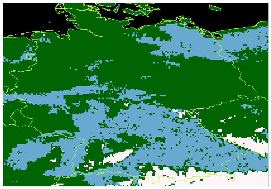 Classification of fog and low stratus cloud cover (blue) and snow (white) with newly developed methods based on the satellite image of 22.01.2022, 11:00 UTC.