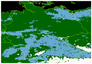 Classification of fog and low stratus cloud cover (blue) and snow (white) with newly developed methods based on the satellite image of 22.01.2022, 11:00 UTC.